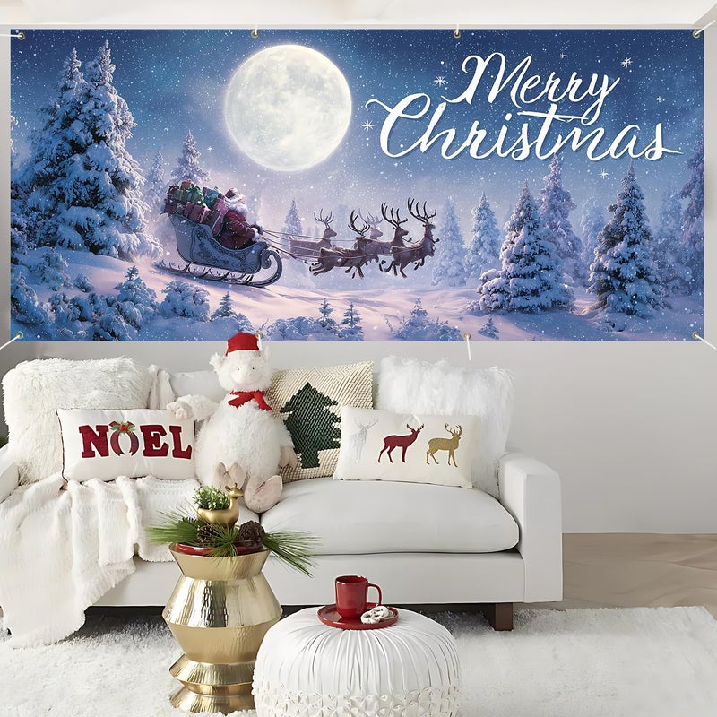 ANNA QUEEN Merry Christmas Santa Sleigh Garage Door Decorations 6x13FT, Flying Reindeer Winter Forest Backdrop, Outdoor Holiday Banner, Garage door Mural for Xmas Party Home Decor - Image 5